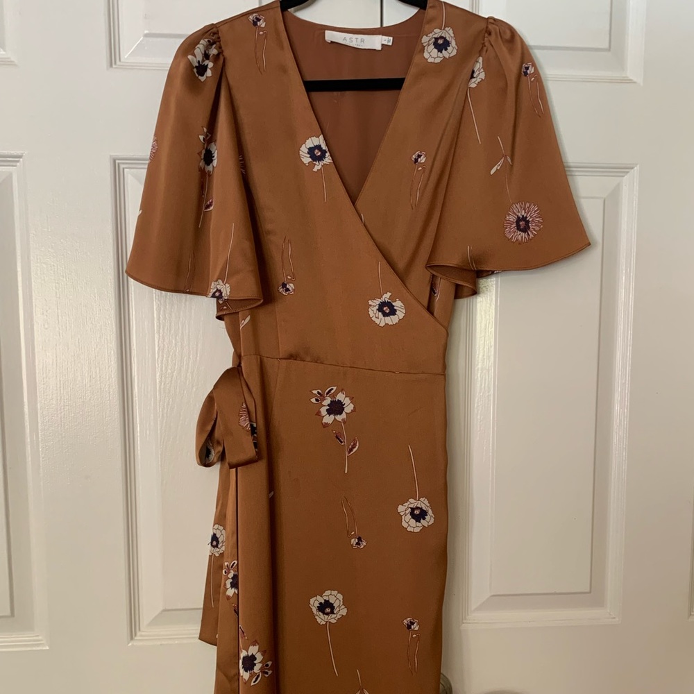 Silky Wrap Front Brown Floral Dress